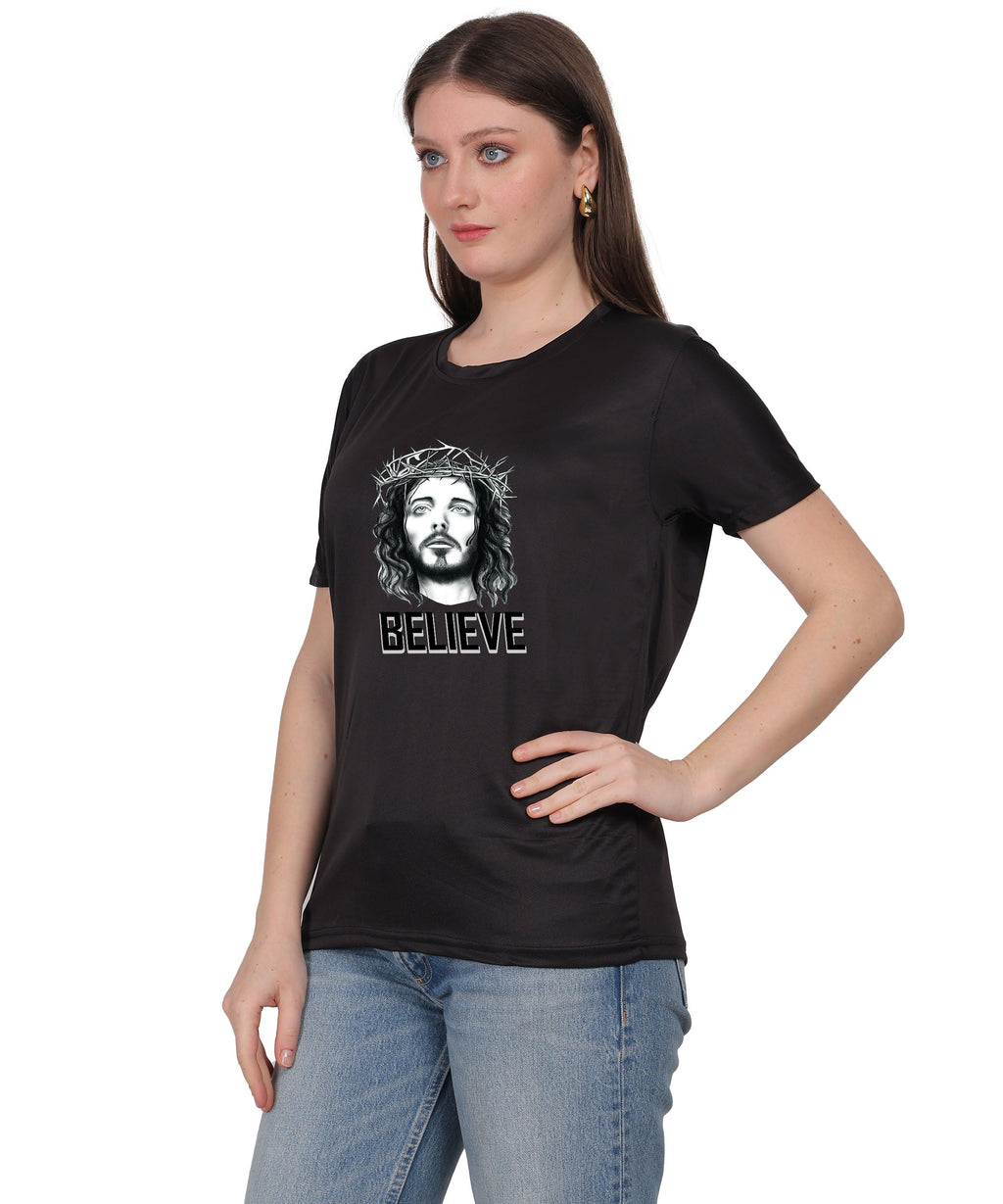 Religious Graphic T-Shirt, Red Cotton Blend, Short Sleeve, Believe Design